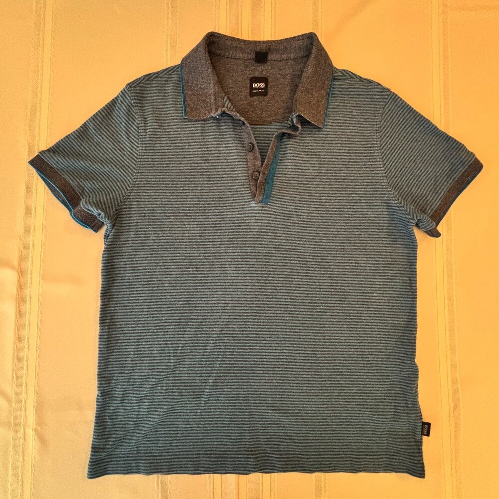 BOSS HUGO BOSS Polo Mens Large Blue Gray Striped Short Sleeve Regular Fit